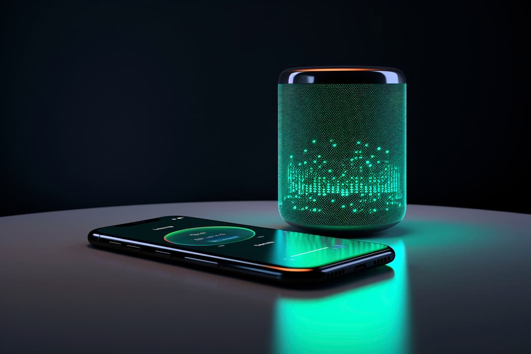 A smartphone and smart speaker placed on a table in a dark environment, both emitting green light, symbolising wireless connectivity and smart device interaction.