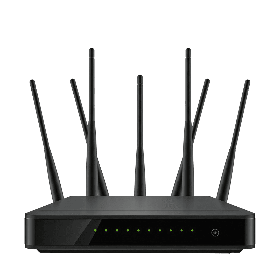 A black wireless router equipped with eight antennas and a front panel featuring a row of glowing green indicator lights, representing high-performance networking hardware.